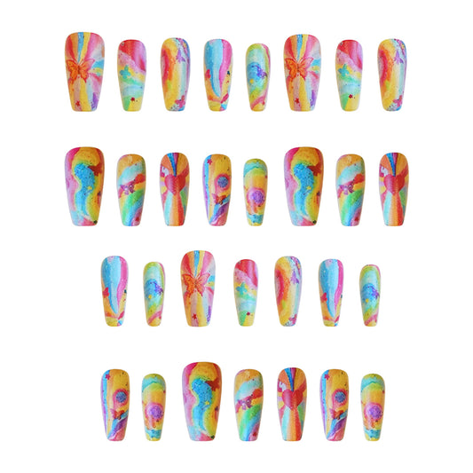 Rainbow Bliss Vibrant Long Coffin Nail Set with Unique Colorful Swirls