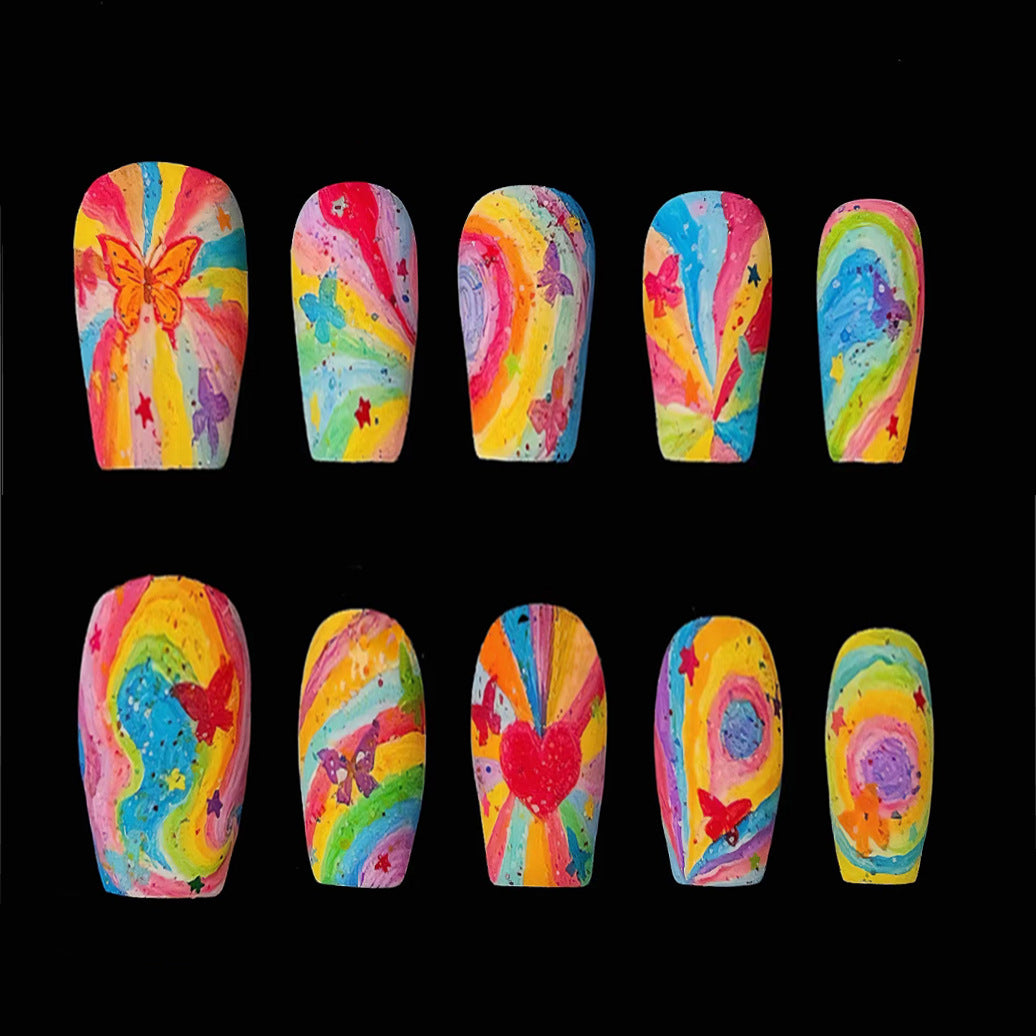 Whimsical Dreamscape Vibrant Short Coffin Press On Nail Set with Unique Butterfly and Heart Design