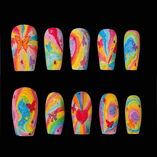 Whimsical Dreamscape Vibrant Short Coffin Press On Nail Set with Unique Butterfly and Heart Design