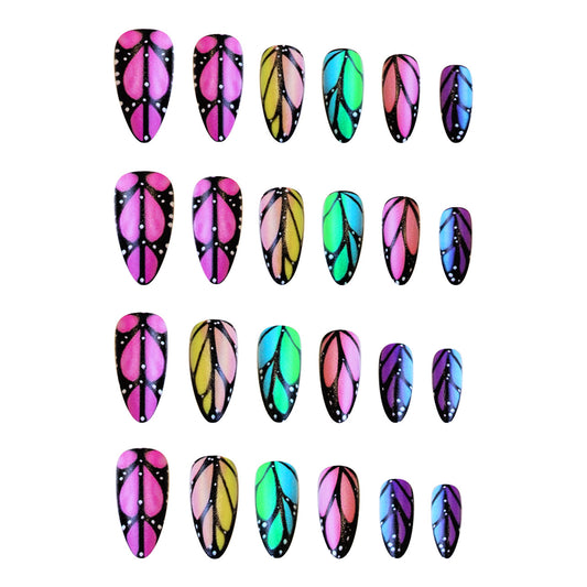 Whimsical Butterfly Inspired Medium Almond Multicolor with Gradient Butterfly Wing Design Press On Nail Set