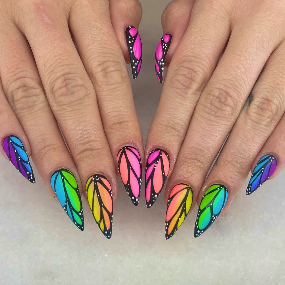 Rainbow Butterfly Stiletto Press On Nail Set Long Colorful Vibrant Design with Unique Leaf Pattern