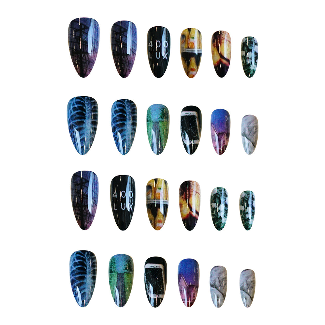 Urban Artistry Medium Almond Multicolor Press On Nail Set with Edgy Graphic Designs
