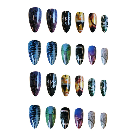 Urban Artistry Medium Almond Multicolor Press On Nail Set with Edgy Graphic Designs