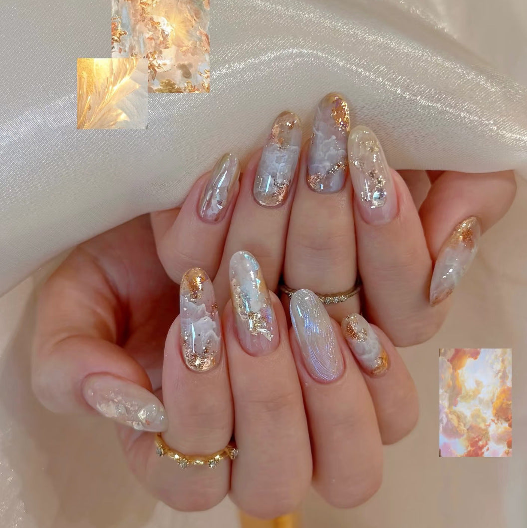 Heavenly Elegance Long Oval Transparent with Golden Flakes Press-On Nail Set