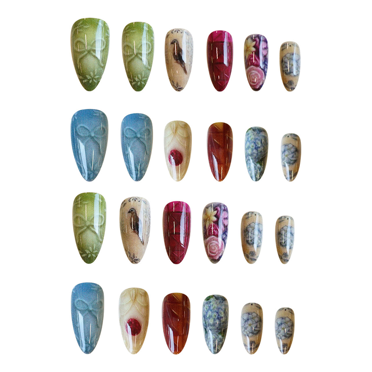 Glamorous Garden Inspired Medium Almond Press-On Nails in Vibrant Green Blue Red with Intricate Floral Designs