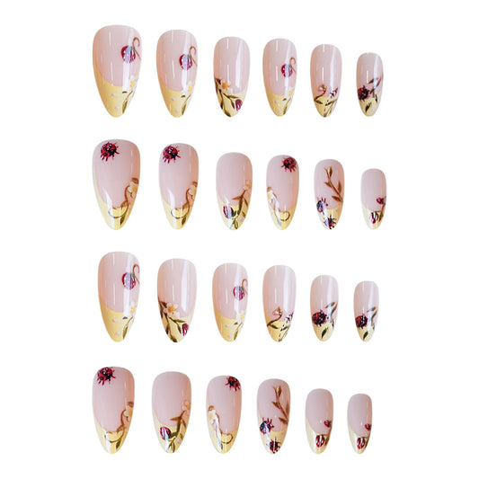 Whimsical Garden Inspired Medium Almond Shaped Pink and Gold Floral Press On Nail Set