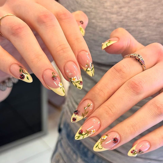 Botanical Bliss Medium Almond Yellow Floral Press-On Nail Set