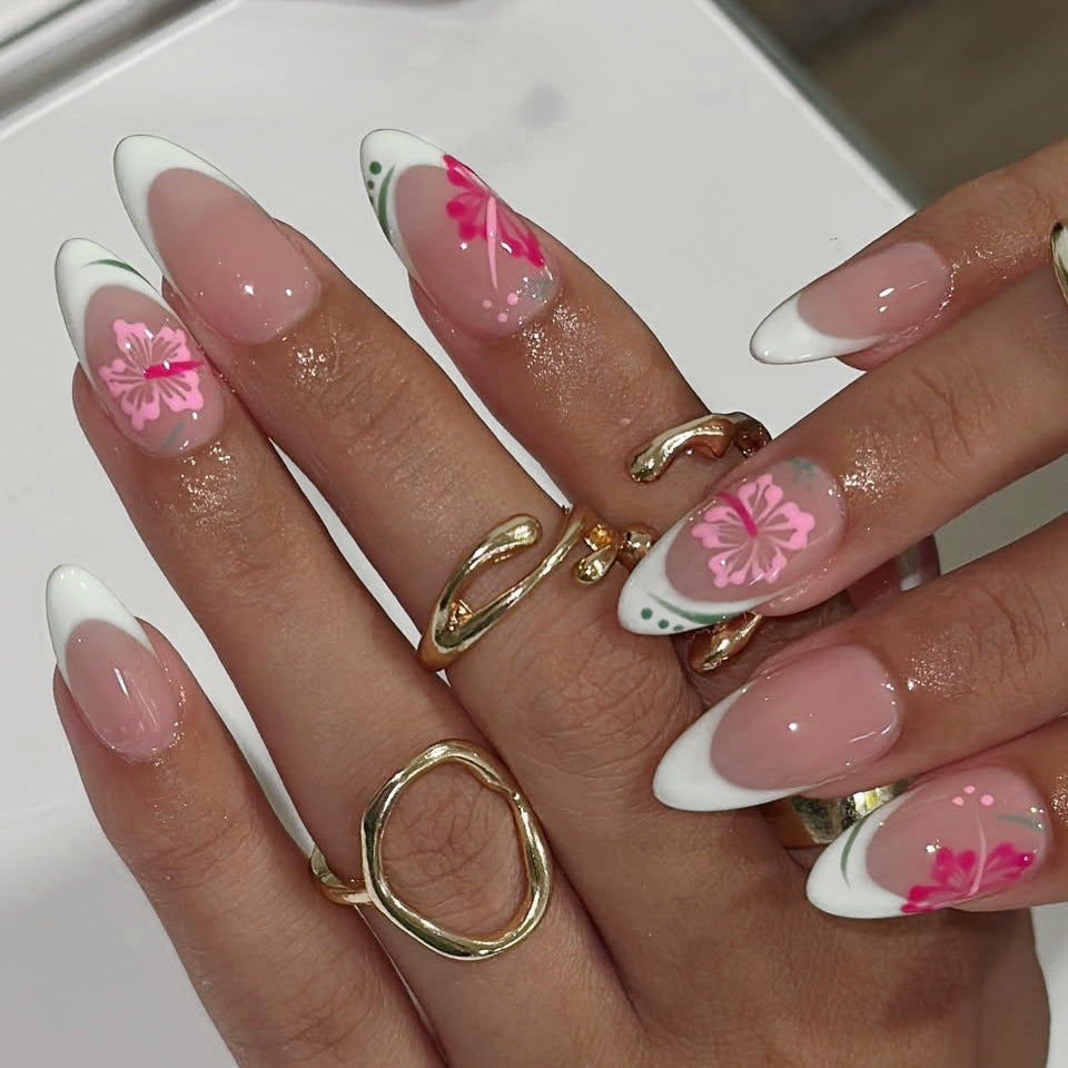 Tropical Paradise Medium Almond Pink Floral Accent Press On Nail Set