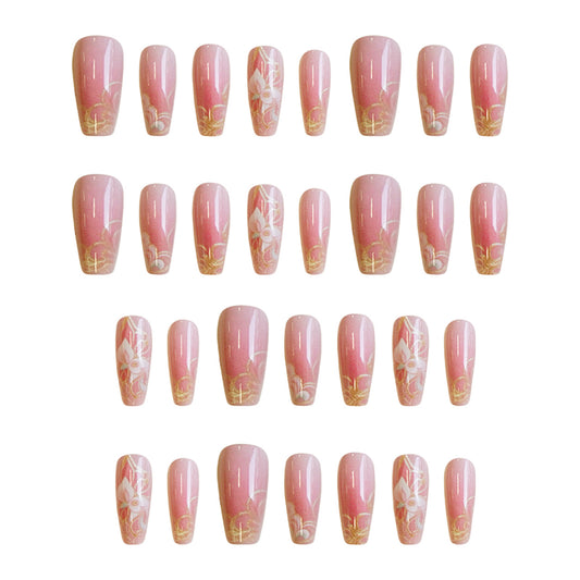 Blossom Dream Press On Nail Set Long Coffin Pink with Floral Accents