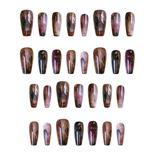 Mystical Elegance Long Coffin Ombre Brown and Purple Press-On Nail Set with Unique Marble Finish
