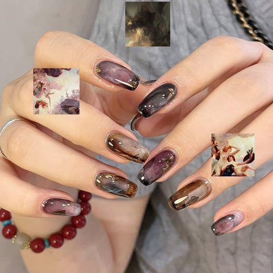 Artistic Elegance Long Coffin Shaped Purple Brown Ombre Press On Nail Set with Unique Gold Accents