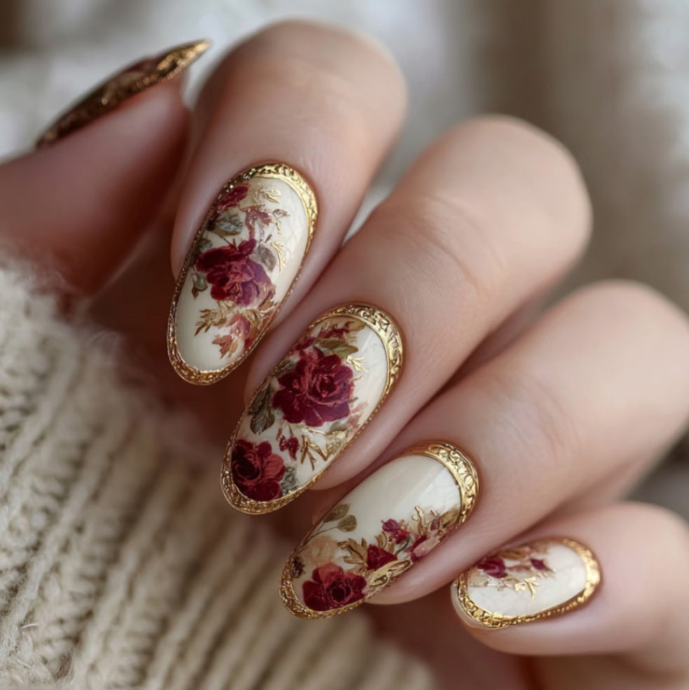 Elegant Garden Rose Medium Oval Press-On Nails in Cream and Gold with Floral Design