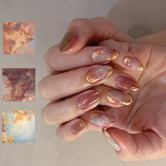 Dreamy Elegance Medium Almond Pink with Gold Foil Accent Press On Nail Set