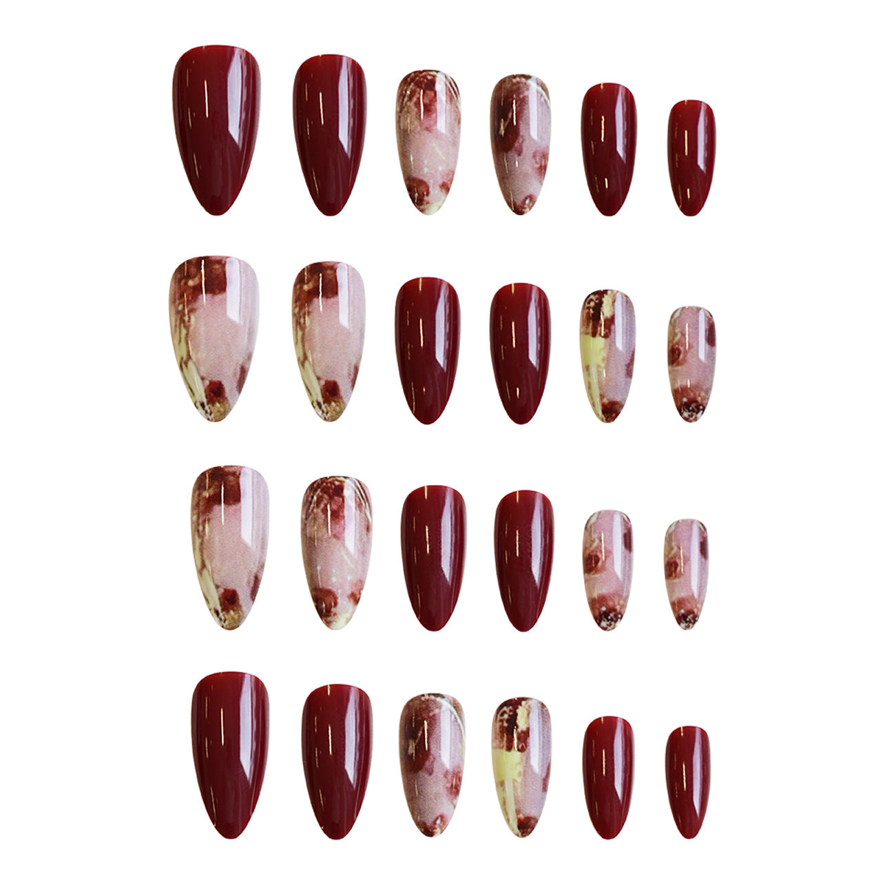 Elegant Autumn Glamour Medium Almond Burgundy and Floral Art Press On Nail Set