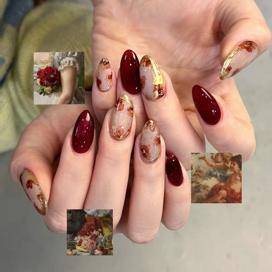 Renaissance Romance Medium Almond Burgundy Press On Nails with Marble Art and Gold Foil Accents