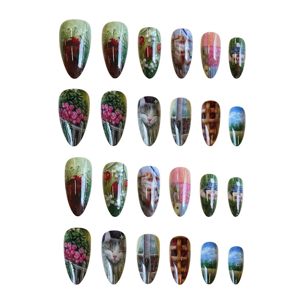 Whimsical Garden Fantasy Medium Almond Green Floral Design Nail Press Set