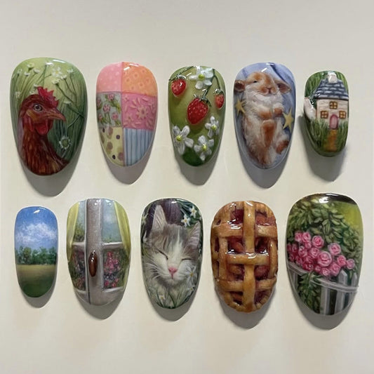 Charming Countryside Press on Nail Set Medium Oval Green with Artistic Nature and Whimsical Animal Designs