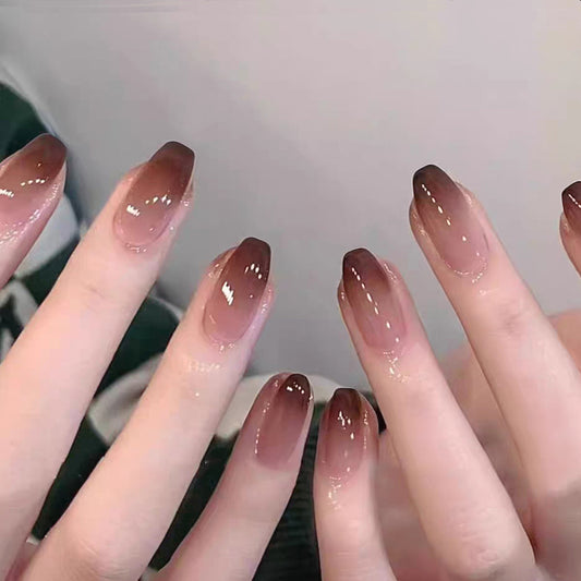 Timeless Elegance Long Coffin Ombre Brown Press On Nail Set with Glossy Finish