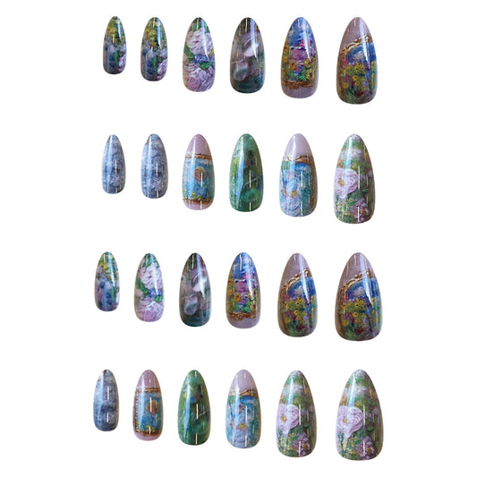 Whimsical Garden Medium Almond Pastel Green with Floral Accents Press-On Nail Set