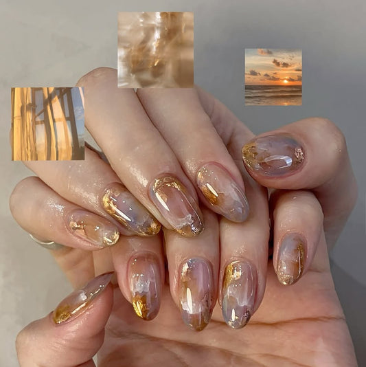 Sunset Bliss Medium Oval Transparent Brown Ombre with Gold Flake Accents Press On Nail Set