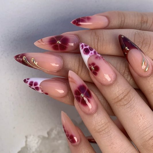 Floral Elegance Long Stiletto Beige with Burgundy Accents and Gold Detailing Press On Nail Set