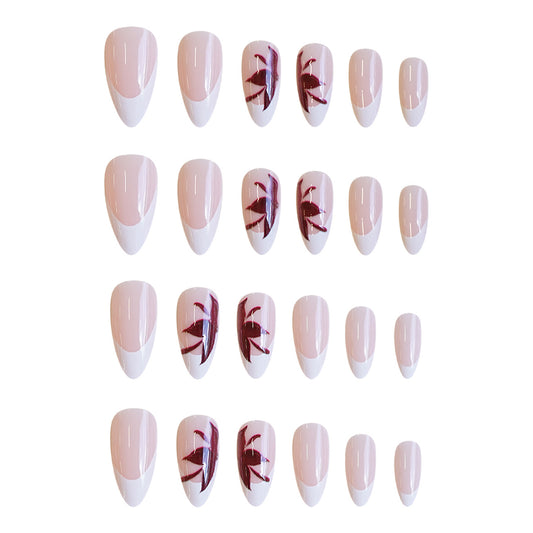 Tropical Paradise Elegant Medium Almond Soft Pink French Tip Nail Set with Floral Accent Details