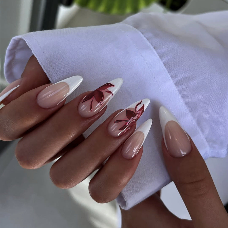 Blooming Elegance Long Almond White and Beige Press on Nail Set with Stunning Floral Design