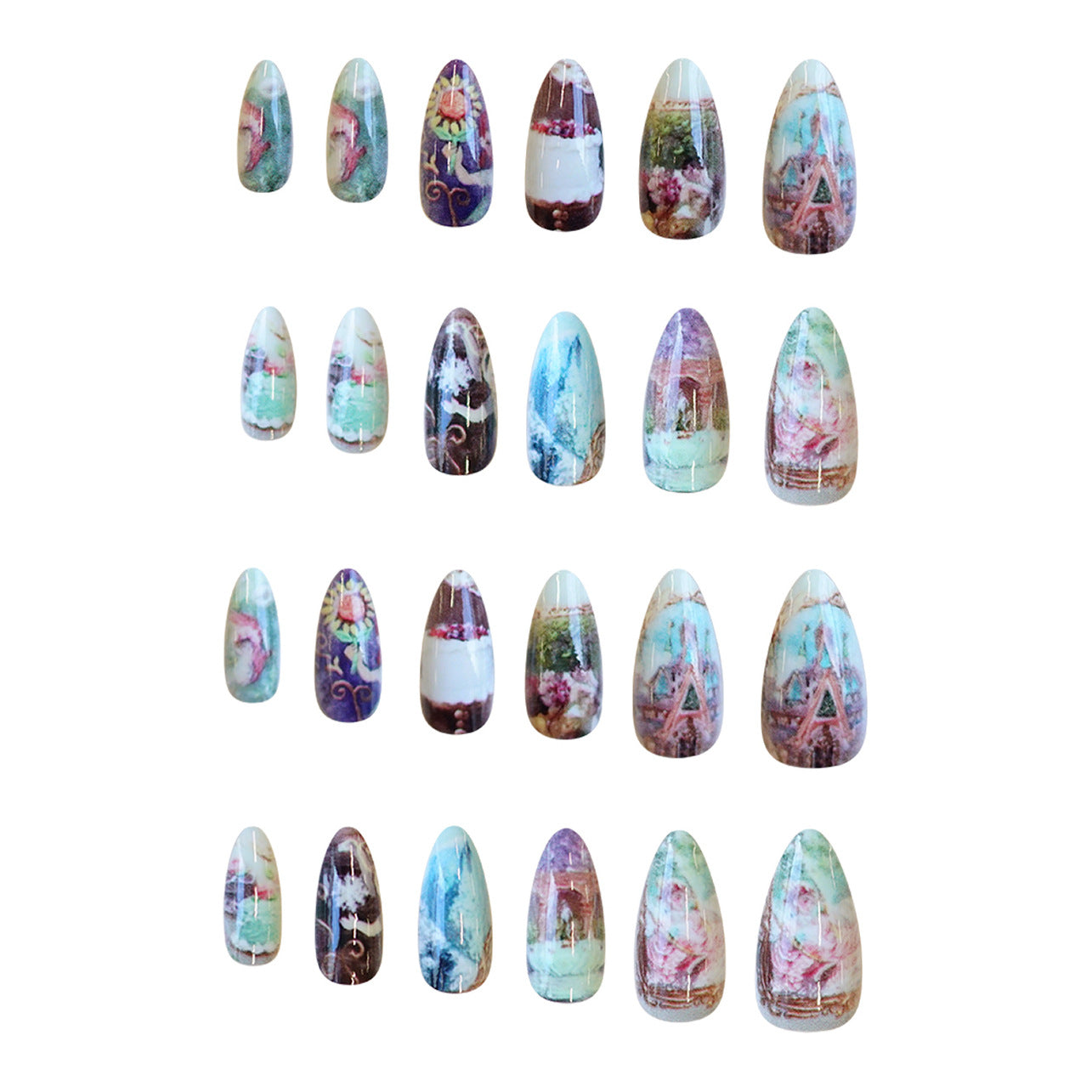 Whimsical Garden Chic Medium Almond Shaped Blue and Purple Printable Nail Set with Enchanting Floral Design