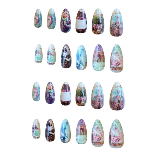 Whimsical Garden Chic Medium Almond Shaped Blue and Purple Printable Nail Set with Enchanting Floral Design