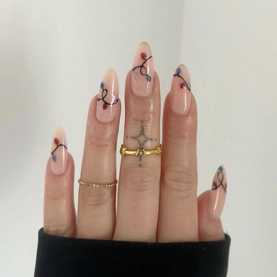 Whimsical Garden Long Almond Shaped Beige Nails with Colorful Floral Accents