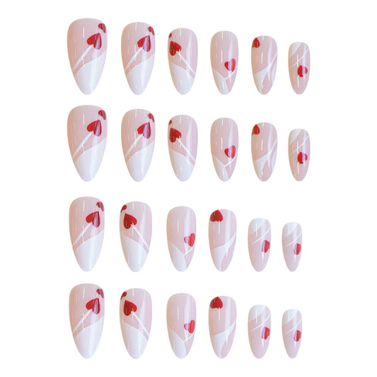 Romantic Blossoms Medium Almond Soft Pink Nail Set with Heart Accents