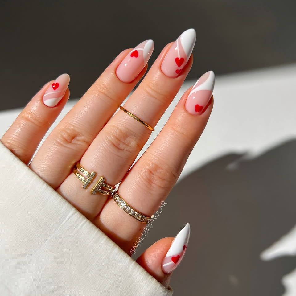Romantic Fairytale Elegant Medium Almond Shaped Pink and White Nail Set with Charming Heart Designs