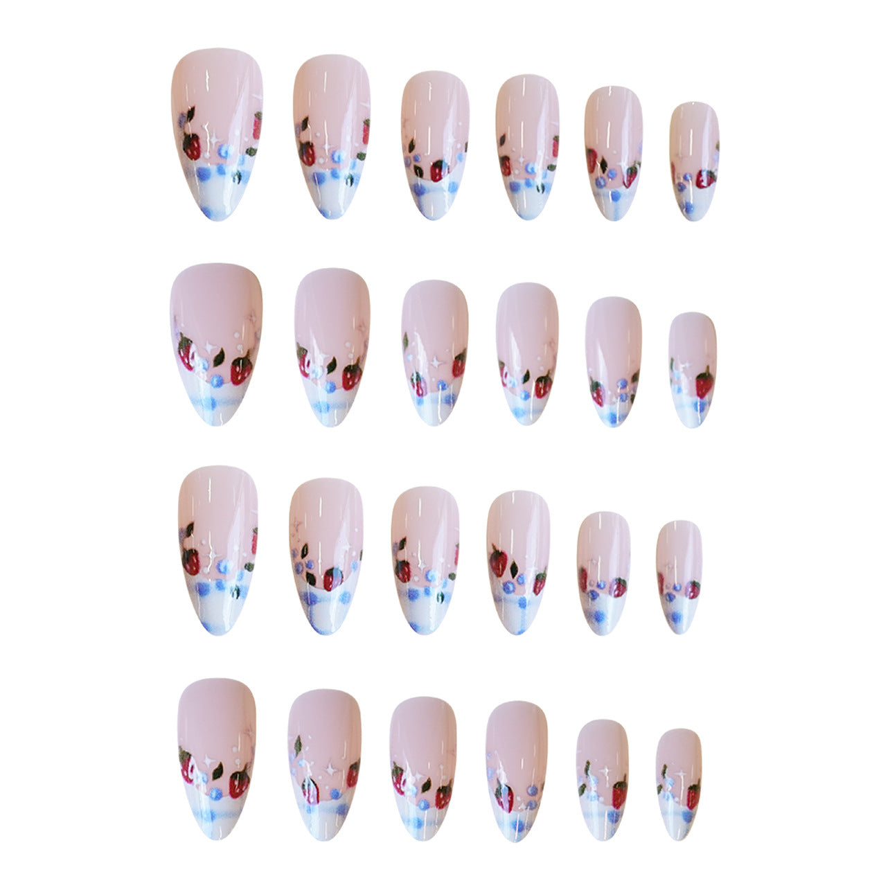 Whimsical Garden Inspired Medium Almond Pink and Blue Floral Press On Nail Set with Artistic Design
