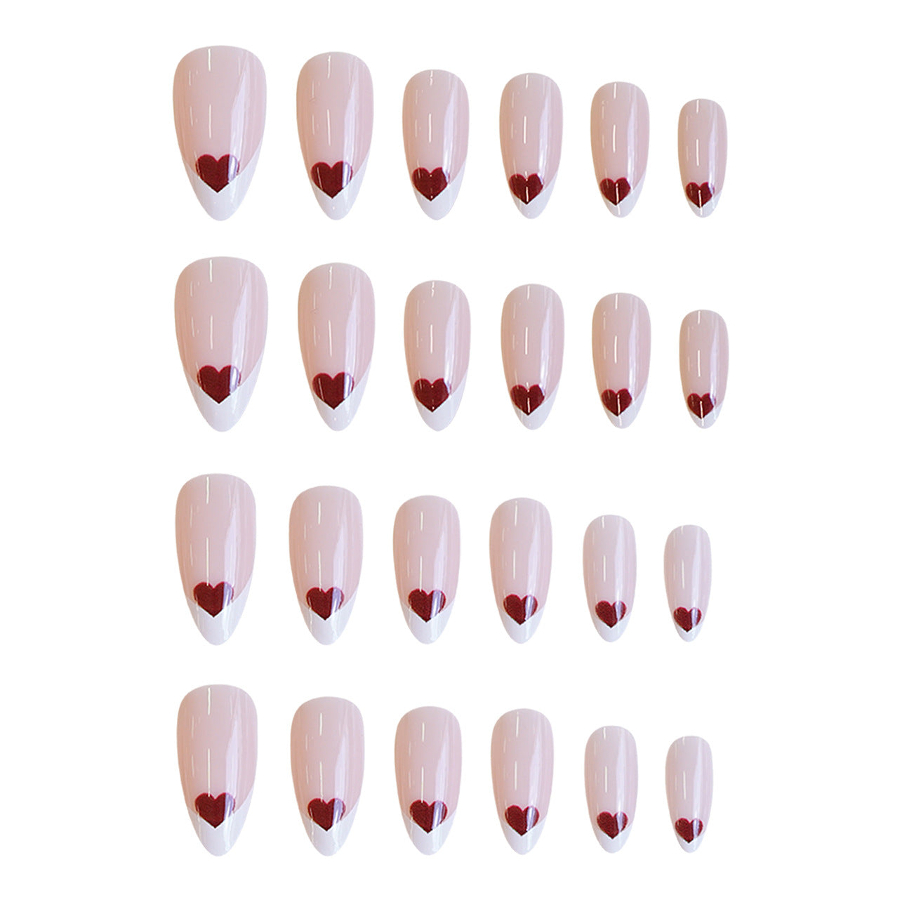 Romantic Elegance Medium Almond Pink with Red Heart Tips Press On Nail Set