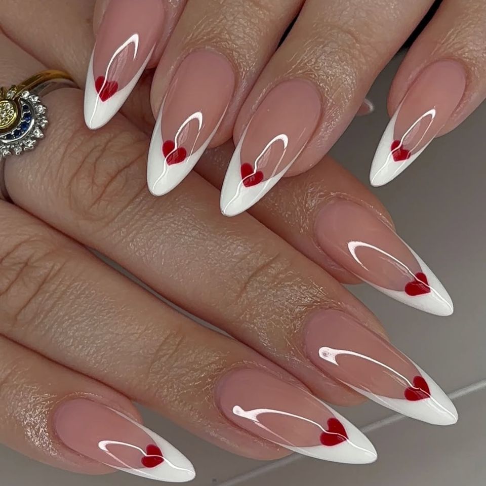 Romantic Charm Long Almond Pink and White with Heart Accent Nail Set