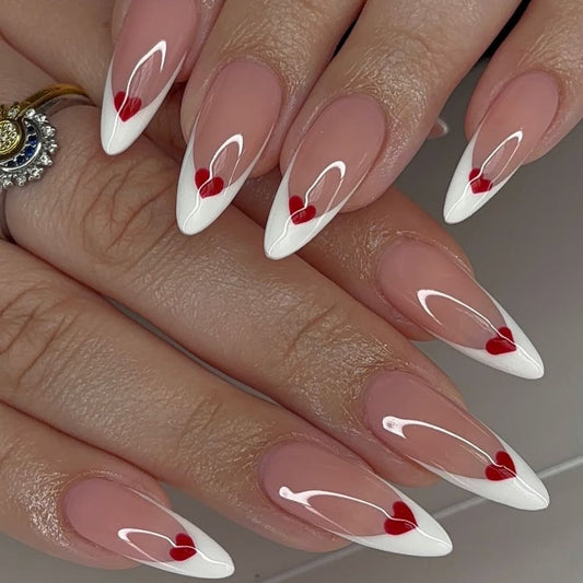 Romantic Charm Long Almond Pink and White with Heart Accent Nail Set