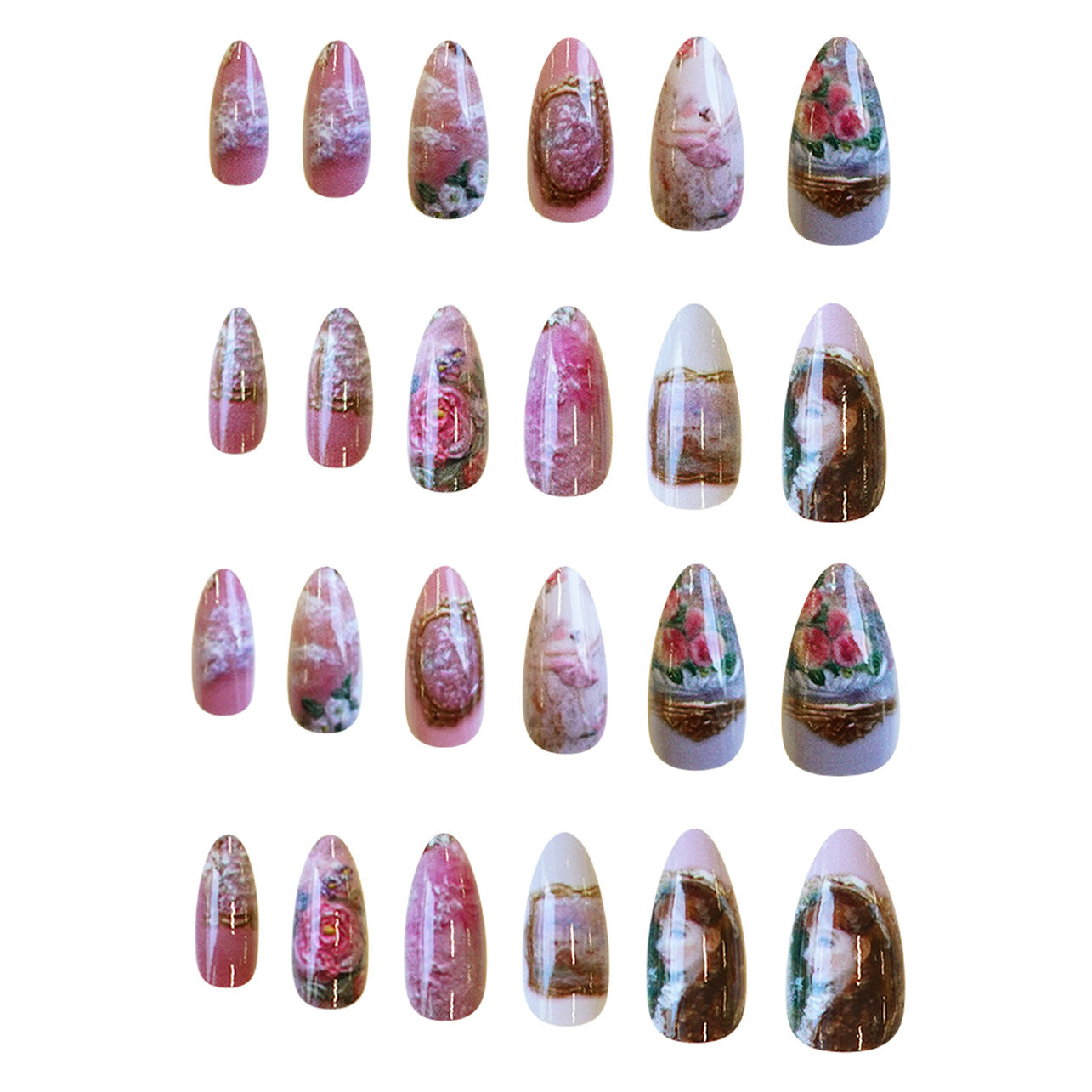 Whimsical Garden Fantasy Medium Almond Pink with Vintage Floral Artwork Press on Nail Set