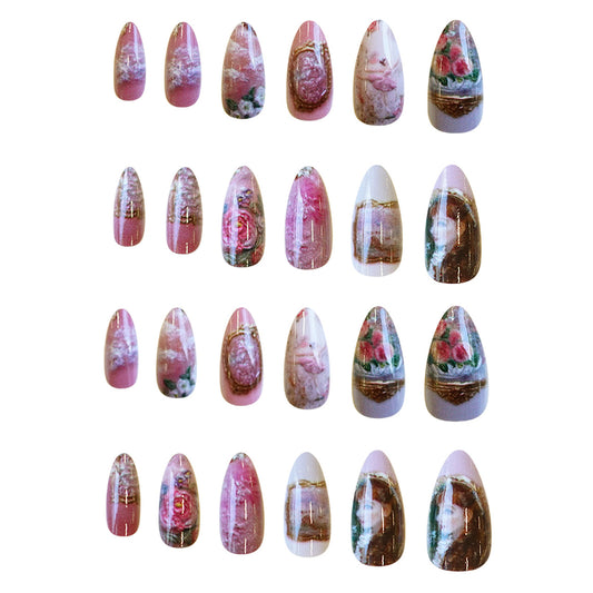 Whimsical Garden Fantasy Medium Almond Pink with Vintage Floral Artwork Press on Nail Set