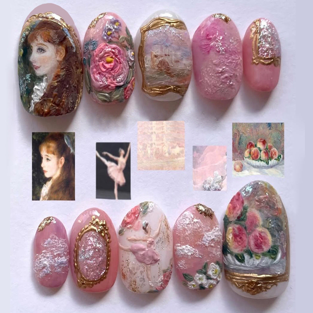 Artistic Elegance Short Oval Soft Pink with Floral and Portrait Accents Press-On Nail Set