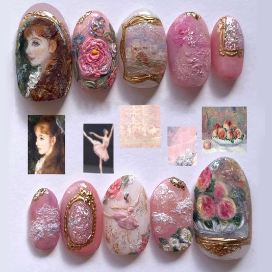 Artistic Elegance Short Oval Soft Pink with Floral and Portrait Accents Press-On Nail Set