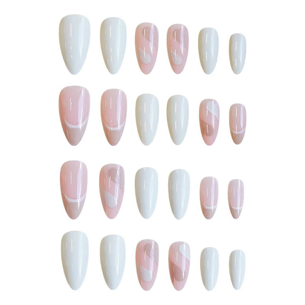 Whimsical Dreamy Tips Medium Almond Shape White and Pink with Artistic Swirls Press-On Nail Set