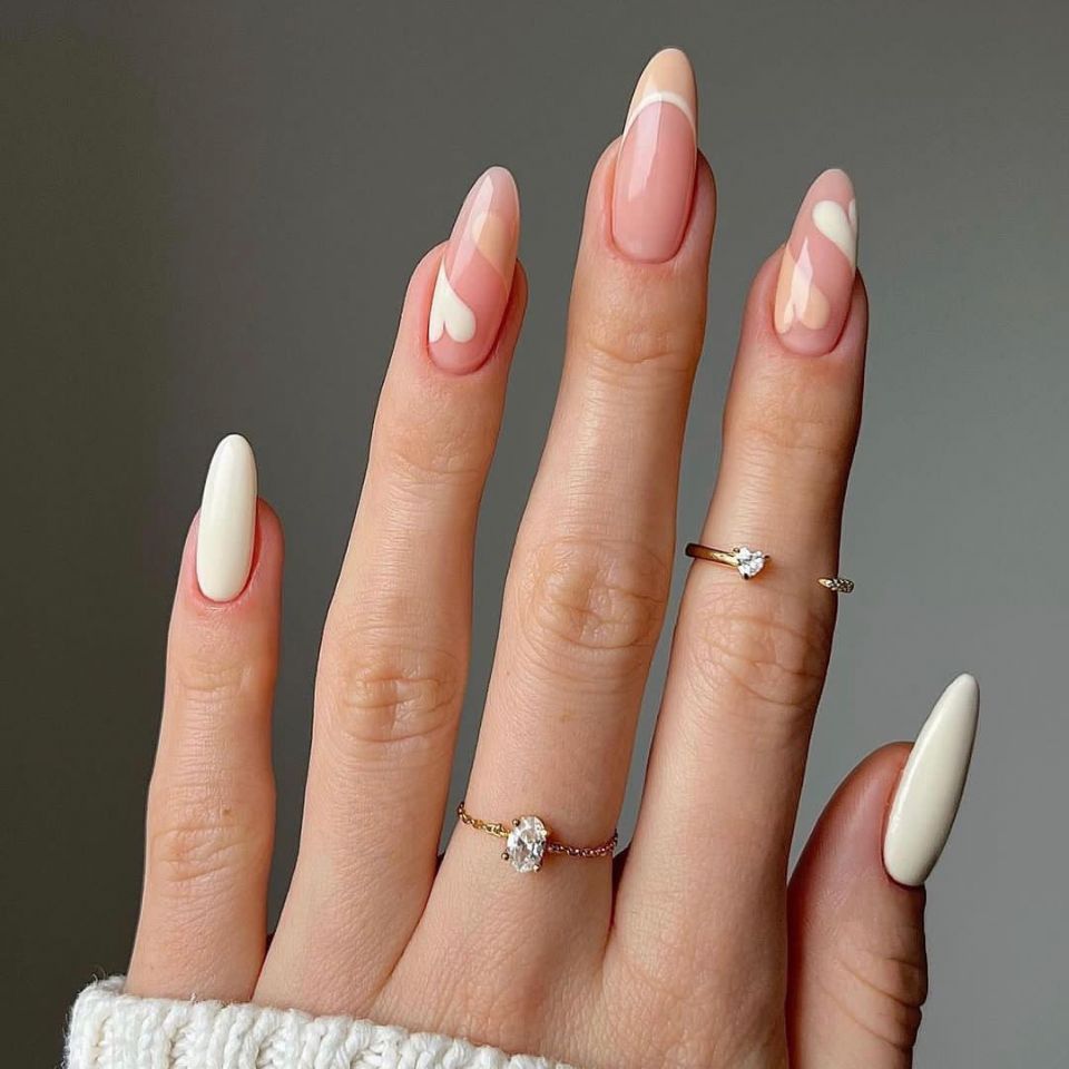 Chic Elegance Long Almond Blush Pink and Ivory Press On Nail Set with Heart Accent Design