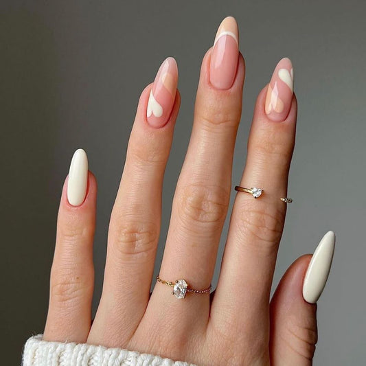 Chic Elegance Long Almond Blush Pink and Ivory Press On Nail Set with Heart Accent Design