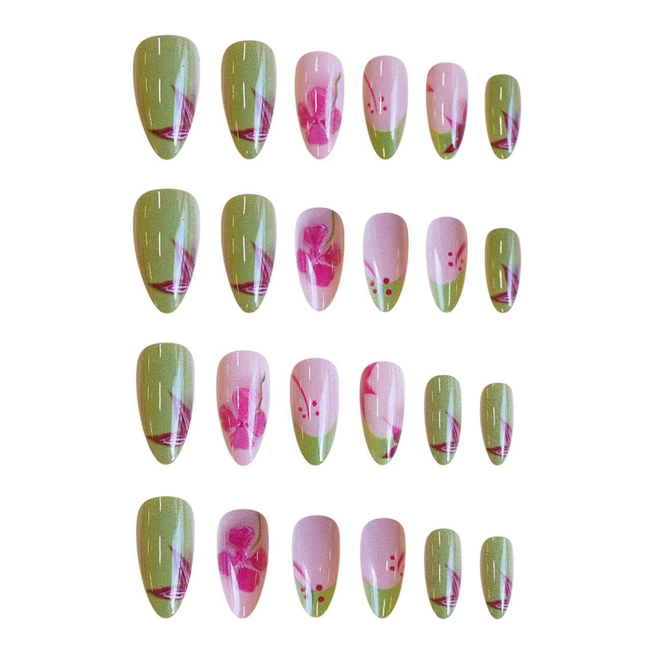 Blossom Serenity Press On Nail Set Medium Almond Green and Pink Floral Design with Glossy Finish