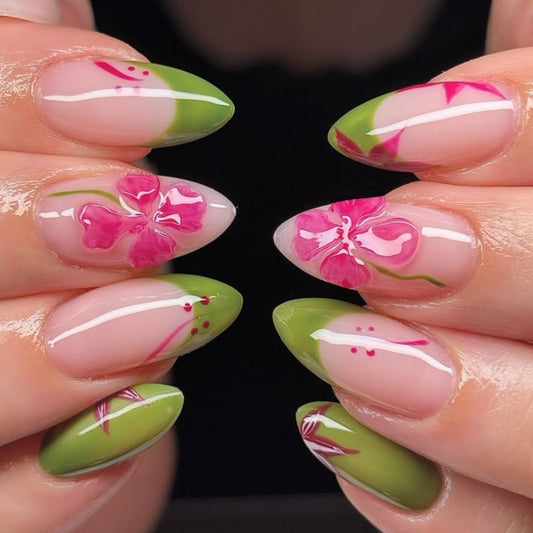 Blooming Garden Medium Almond Shaped Green Ombre with Floral Accents Press On Nail Set