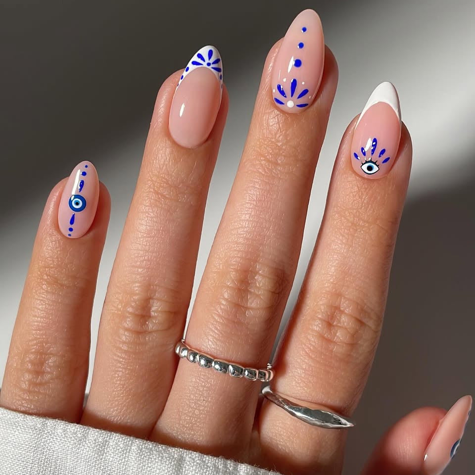 Bohemian Elegance Elegant Medium Almond Shaped Soft Pink with Vibrant Blue Eye Designs Press On Nail Set