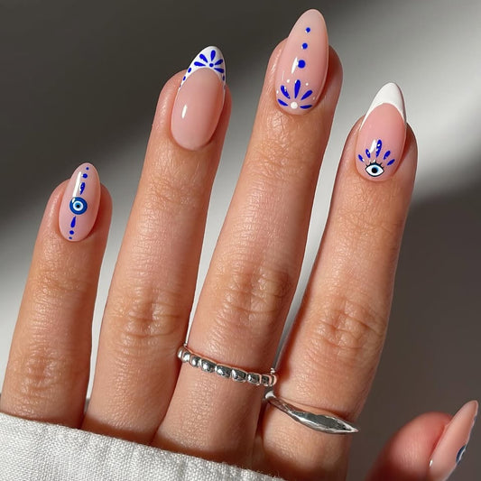Bohemian Elegance Elegant Medium Almond Shaped Soft Pink with Vibrant Blue Eye Designs Press On Nail Set