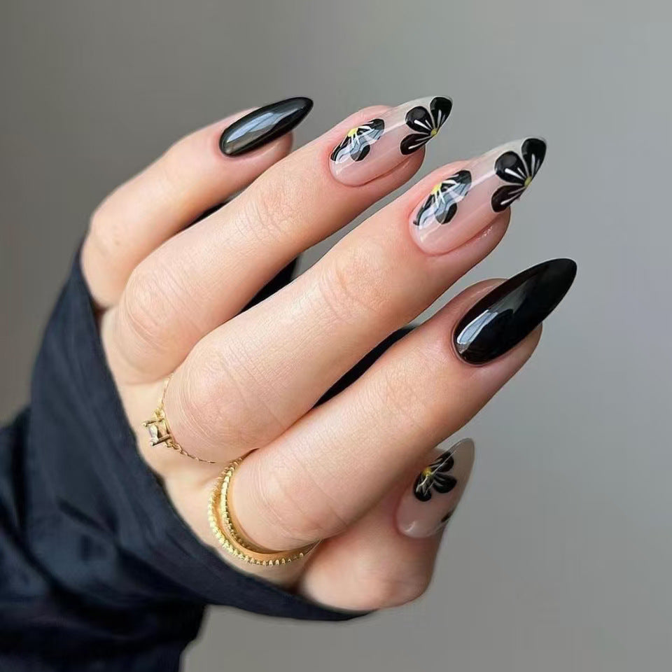 Gothic Elegance Medium Almond Black with Floral Accents Press On Nail Set