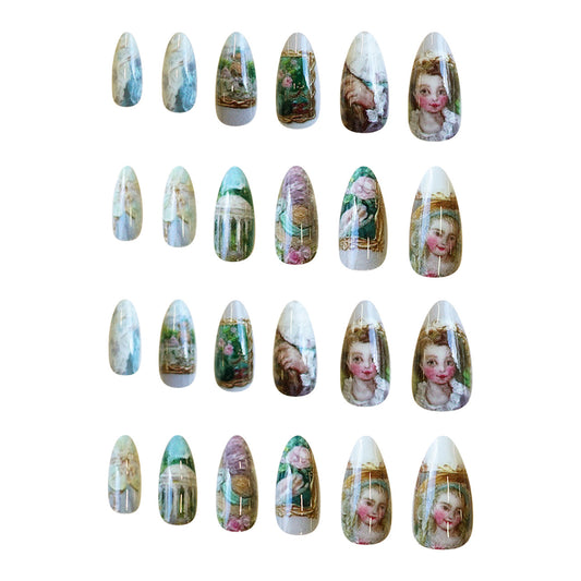 Vintage Elegance Medium Almond Shaped Pastel Green and Blue Press On Nail Set with Artistic Floral Designs