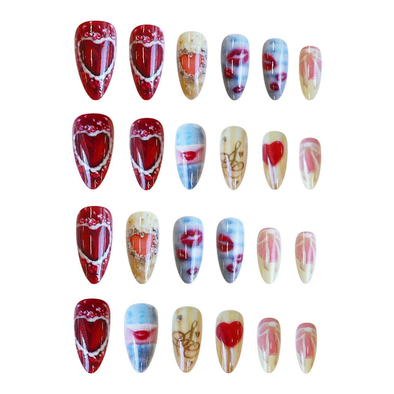 Romantic Elegance Red and Blue Medium Almond Shape Medium Length Press On Nail Set with Unique Heart and Lip Design